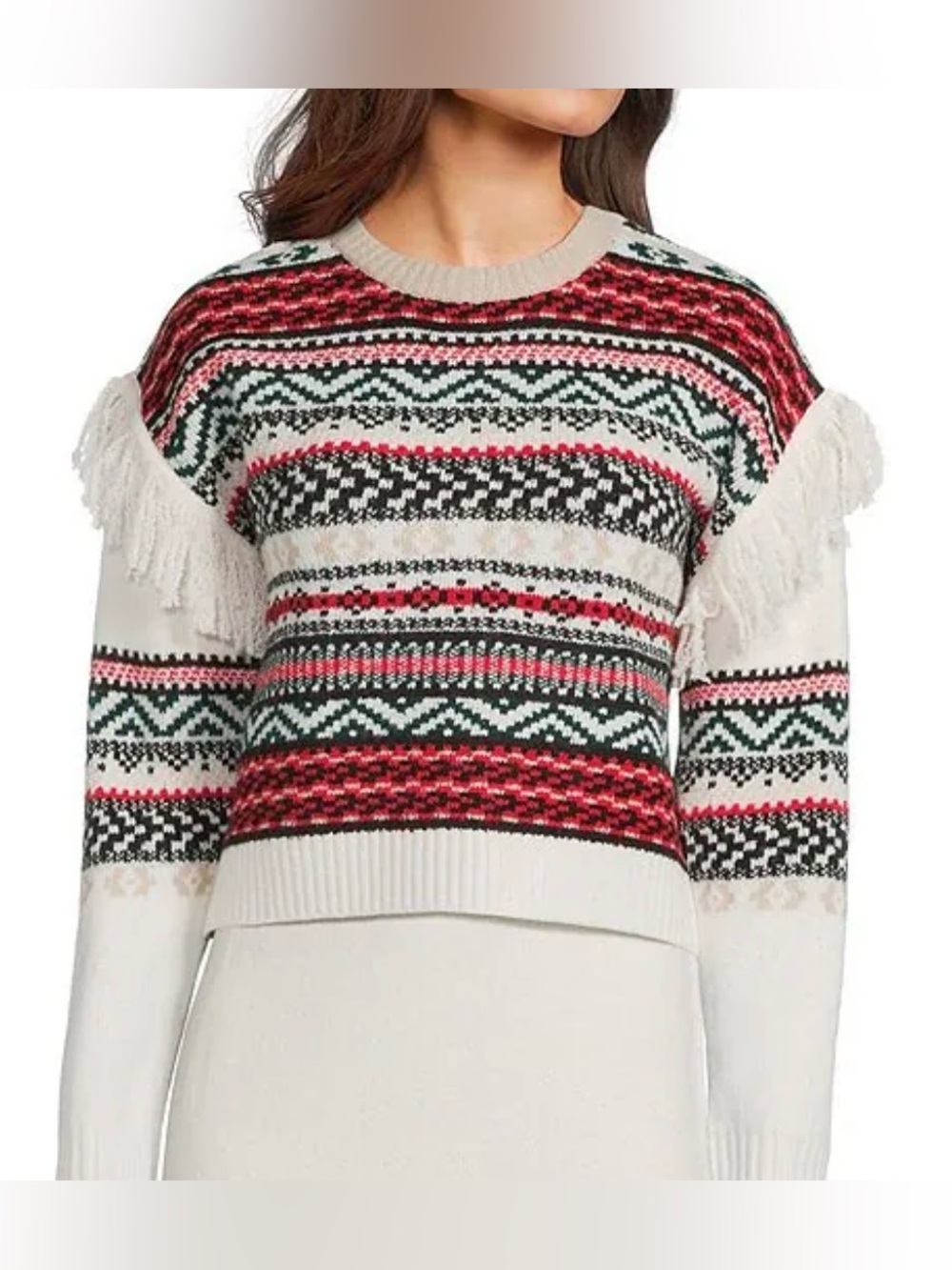Every Wool Blend Geometric Print Fringe Sweater Top